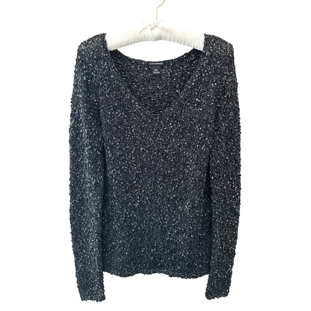 CLUB MONACO | Textured Knit Sweater Charcoal Gray Open Knit V-Neck | Medium